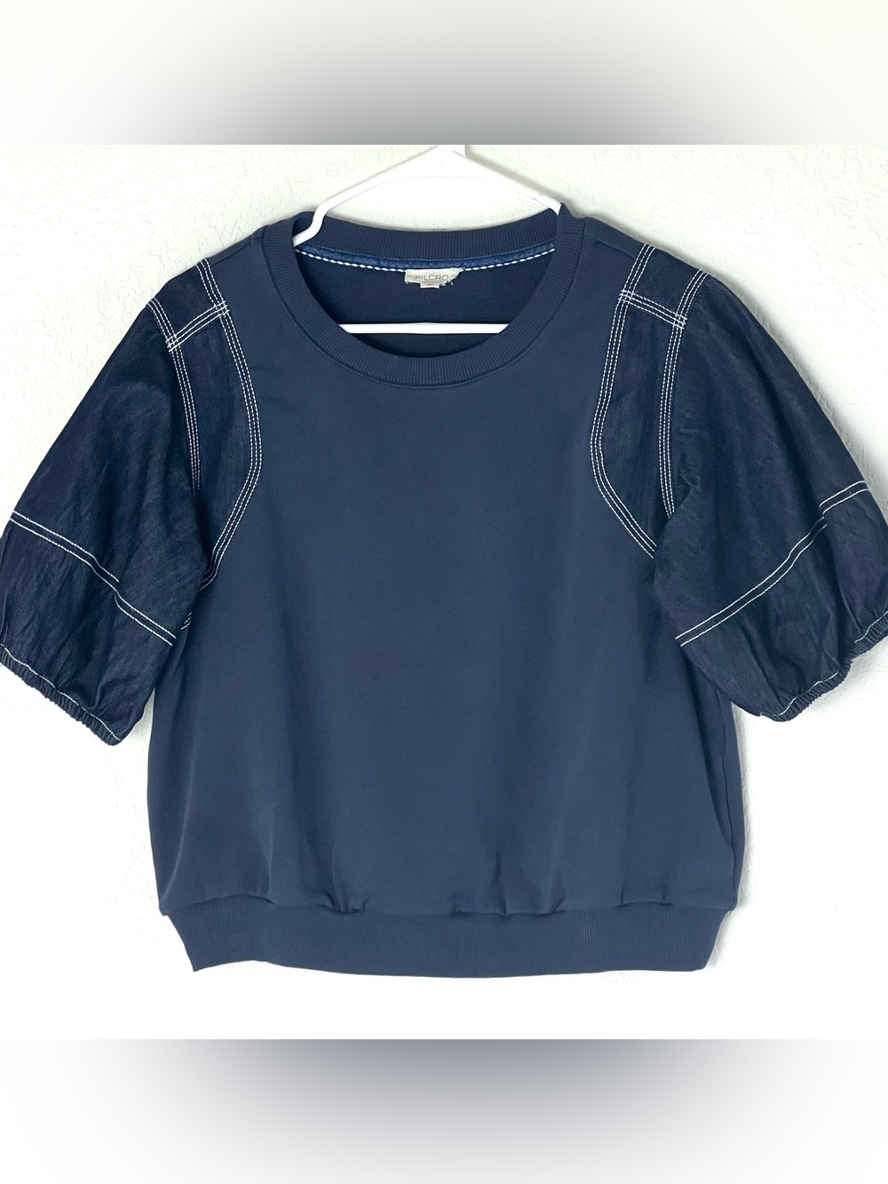 Anthropologie Pilcro Navy Puff-Sleeve Crewneck Sweatshirt - Picture 3 of 8